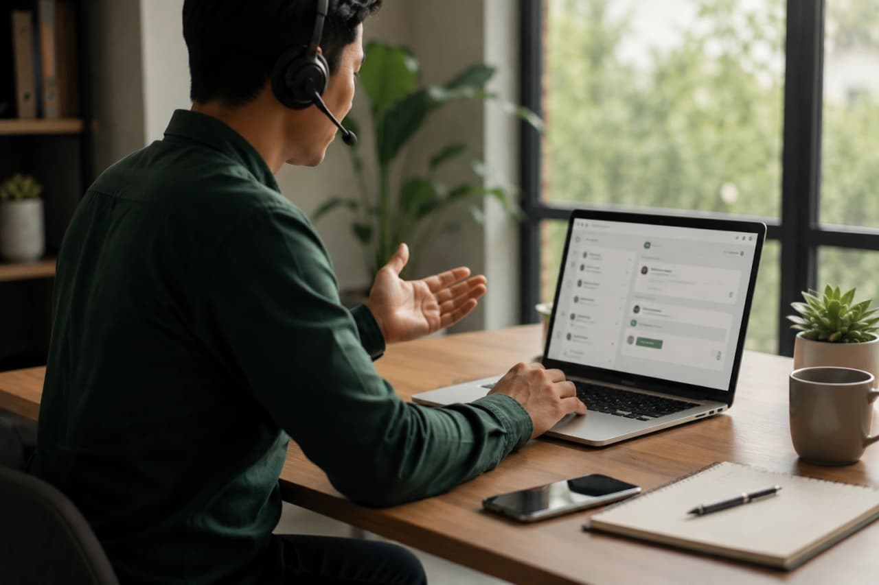 Flatlay alat komunikasi — laptop, ponsel, dan notebook